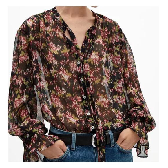 Mango MNG Women's size 3X Sheer Floral Bow Tie Puff Ruffle Sleeve Carol Blouse - Picture 8 of 12
